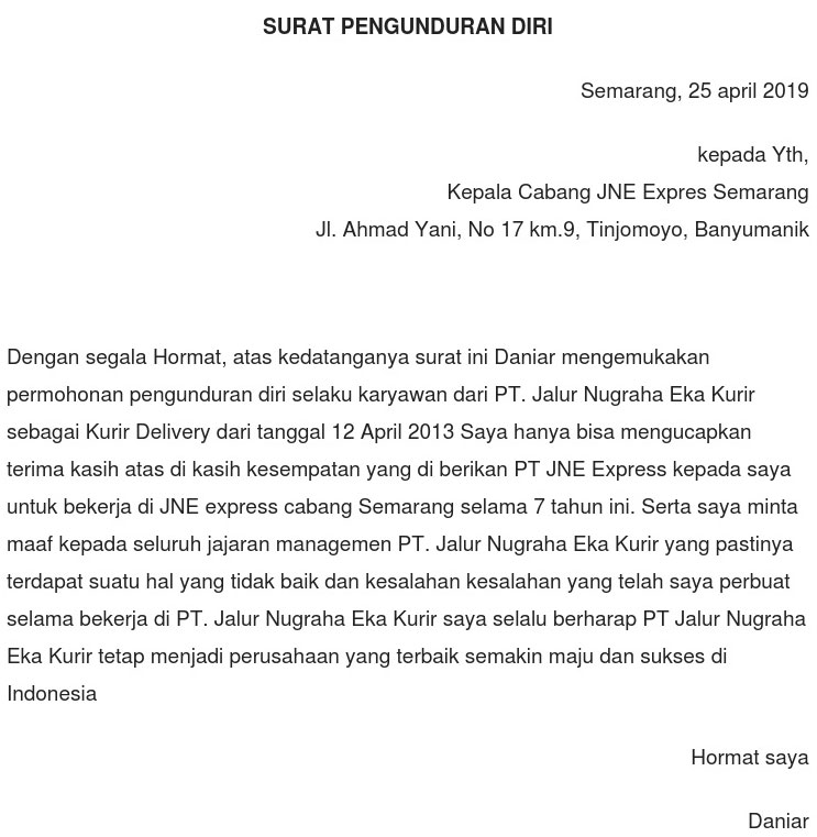 Detail Contoh Surat Pengunduran Diri Kerja Dengan Alasan Nomer 54