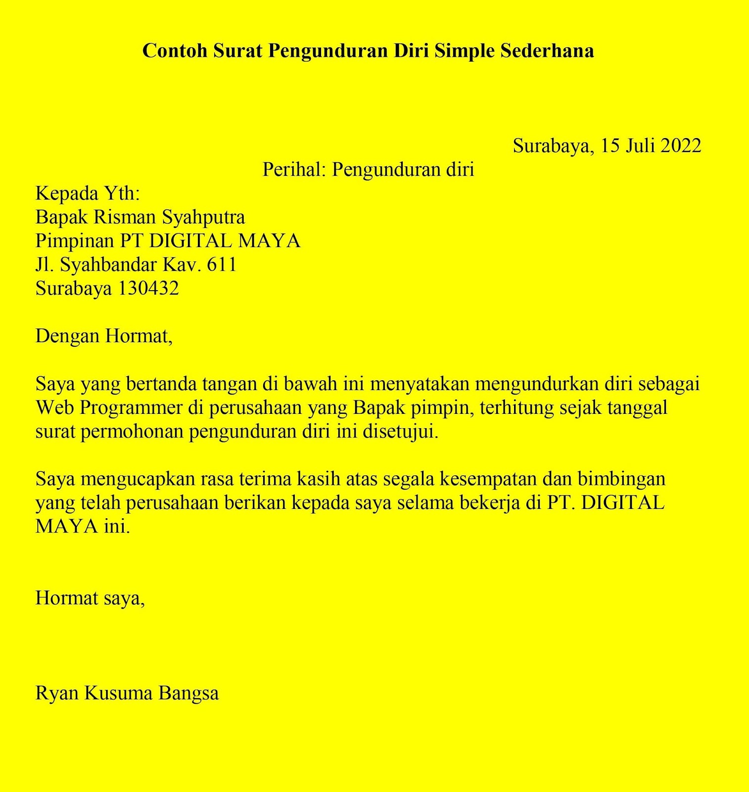 Detail Contoh Surat Pengunduran Diri Perusahaan Nomer 45