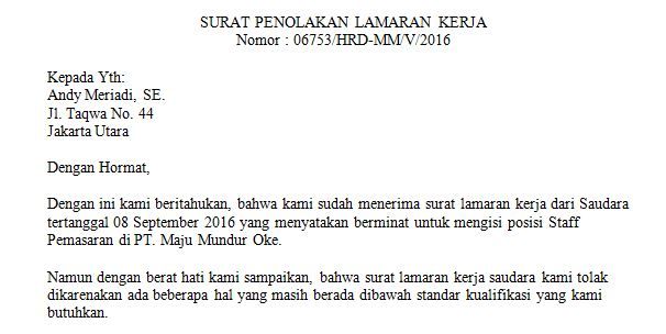 Detail Contoh Surat Penolakan Lamaran Kerja Nomer 7