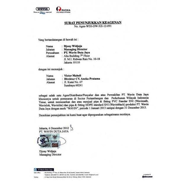 Detail Contoh Surat Penunjukan Distributor Tunggal Nomer 6