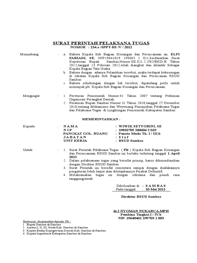 Detail Contoh Surat Penunjukan Plt Nomer 5