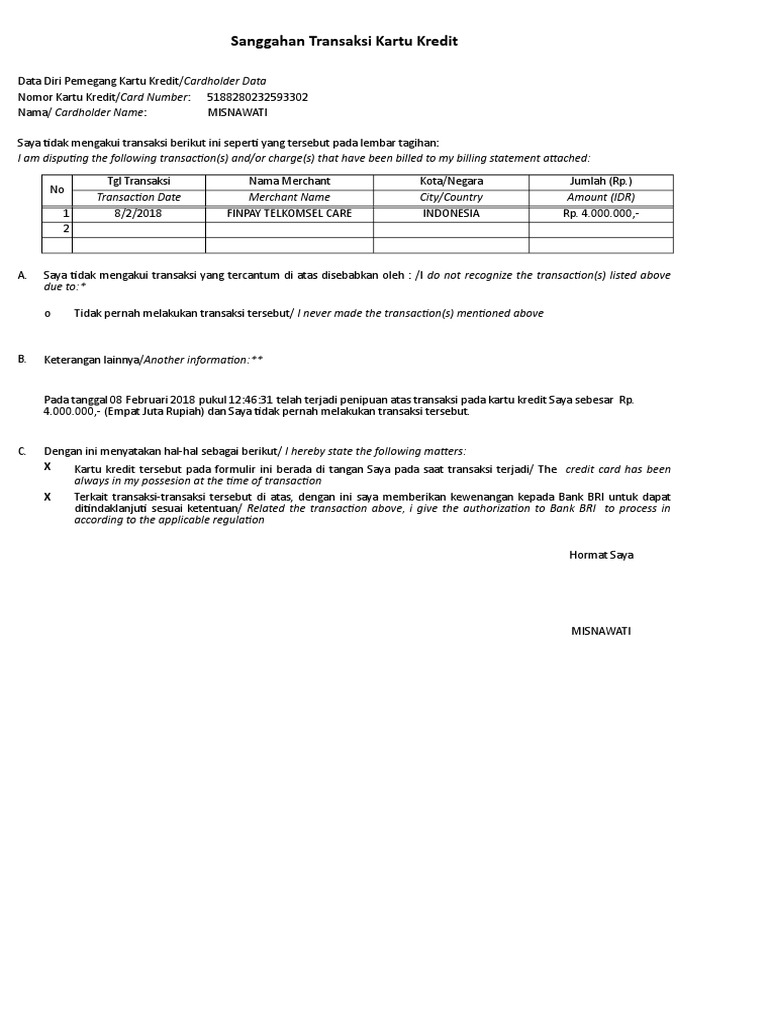 Detail Contoh Surat Penyanggahan Transaksi Kartu Kredit Nomer 12