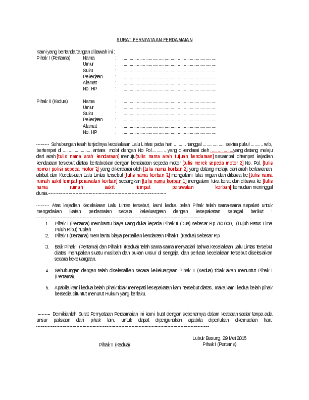 Detail Contoh Surat Perdamaian Kecelakaan Nomer 10