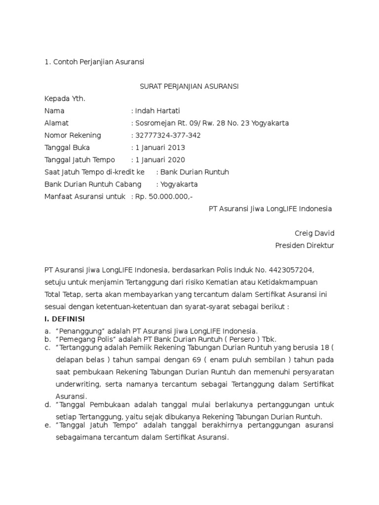 Contoh Surat Perjanjian Asuransi - KibrisPDR