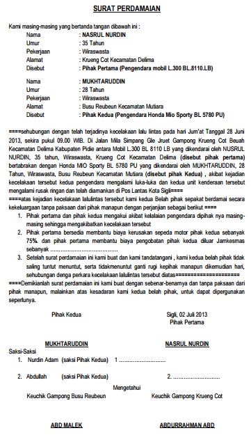 Detail Contoh Surat Perjanjian Damai Kecelakaan Lalu Lintas Nomer 3