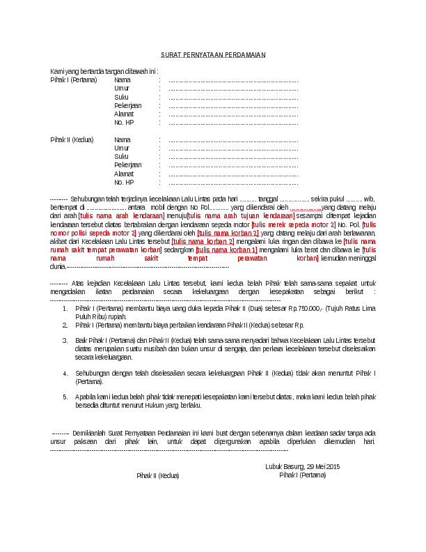 Detail Contoh Surat Perjanjian Damai Kecelakaan Lalu Lintas Nomer 37