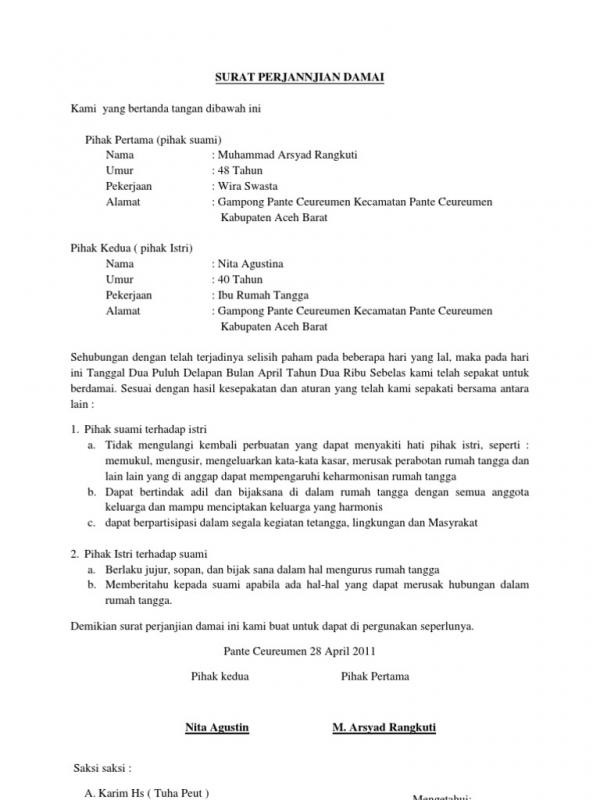 Detail Contoh Surat Perjanjian Damai Pemukulan Nomer 14