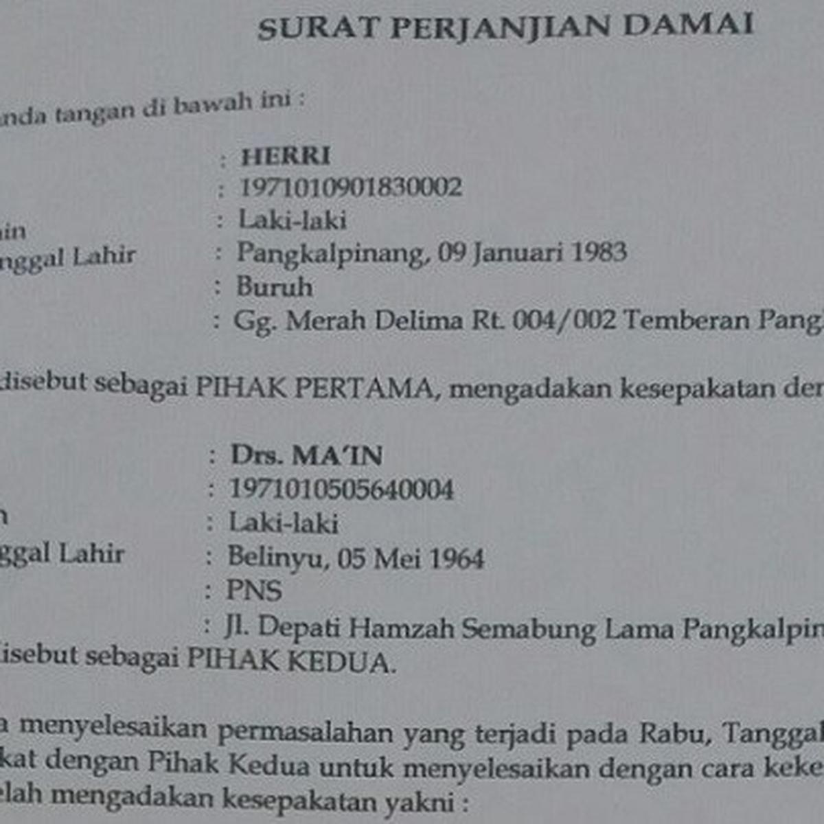 Detail Contoh Surat Perjanjian Damai Pemukulan Nomer 25