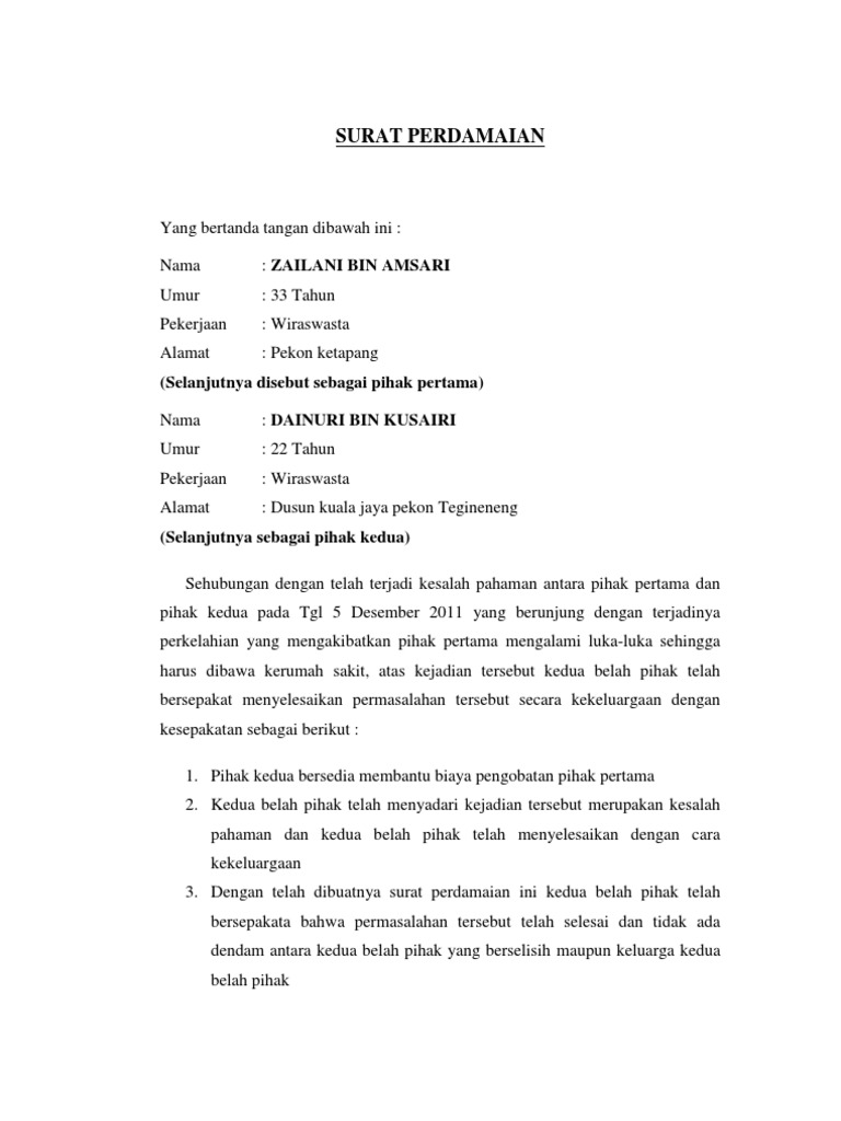 Contoh Surat Perjanjian Damai Perkelahian - KibrisPDR