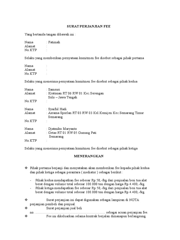 Detail Contoh Surat Perjanjian Fee Mediator Nomer 7