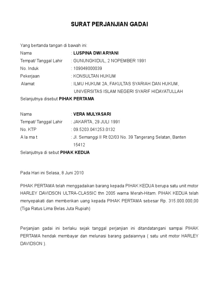 Detail Contoh Surat Perjanjian Gadai Nomer 2