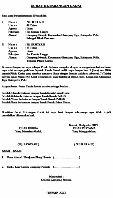 Detail Contoh Surat Perjanjian Gadai Sawah Nomer 44