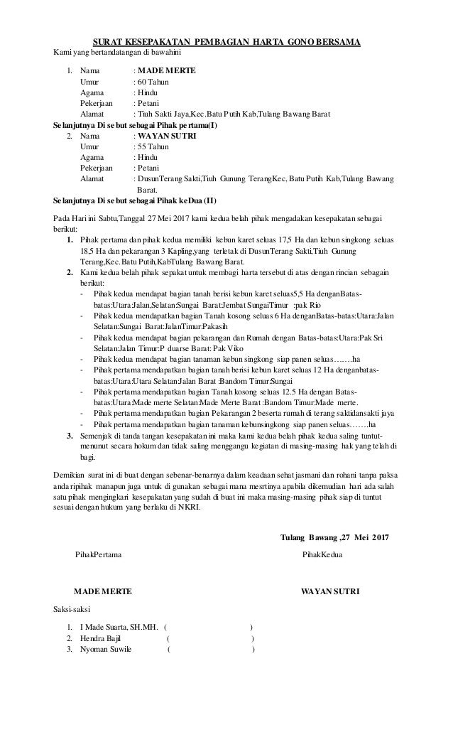 Detail Contoh Surat Perjanjian Harta Gono Gini Nomer 10