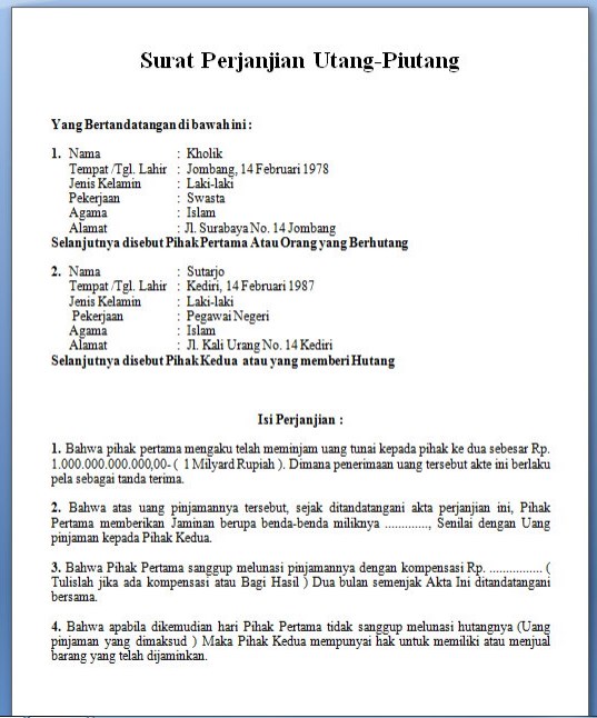 Detail Contoh Surat Perjanjian Hutang Piutang Dengan Jaminan Nomer 41