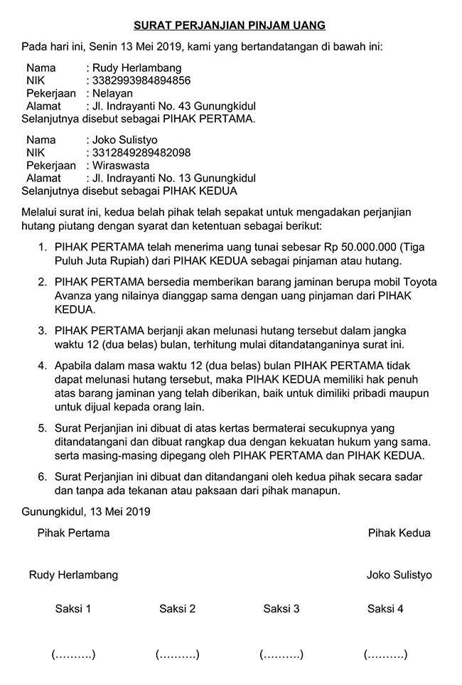 Detail Contoh Surat Perjanjian Hutang Piutang Diatas Materai Koleksi Nomer