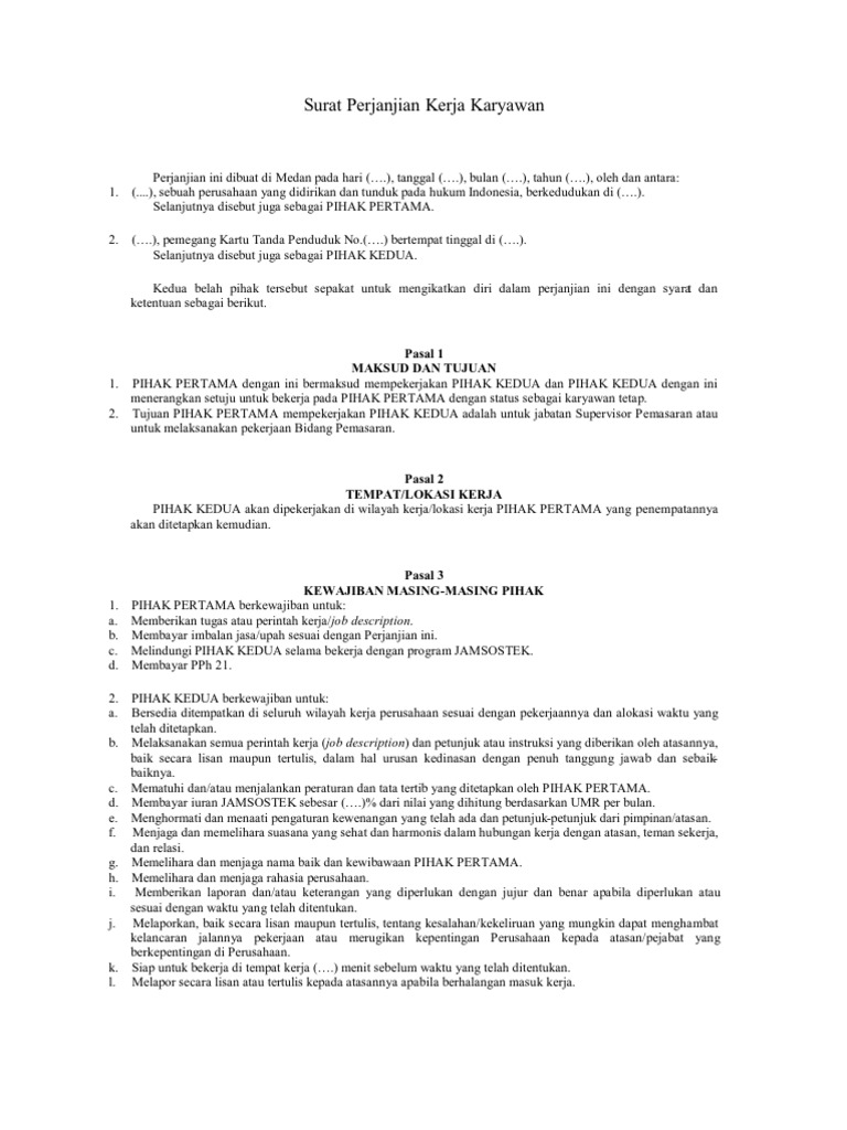 Detail Contoh Surat Perjanjian Kerja Karyawan Tetap Nomer 31