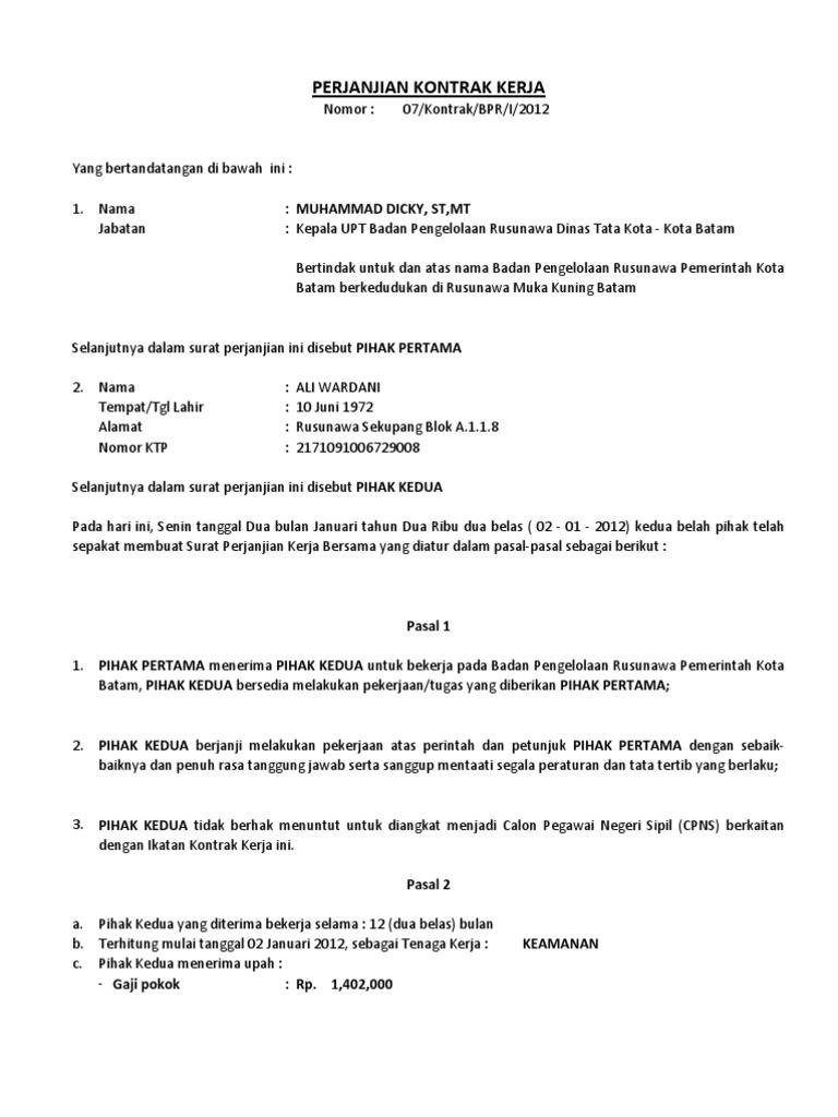 Detail Contoh Surat Perjanjian Kerja Kontrak Nomer 33