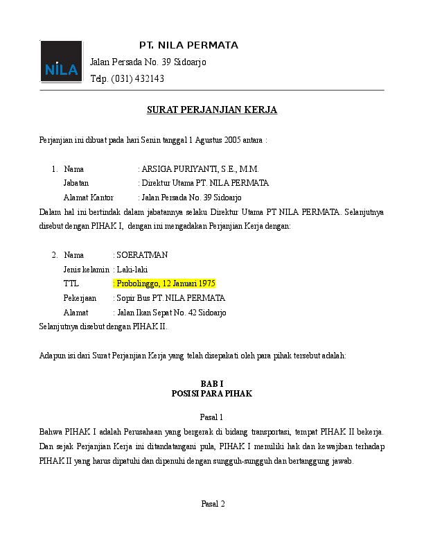 Detail Contoh Surat Perjanjian Kerja Perusahaan Nomer 40