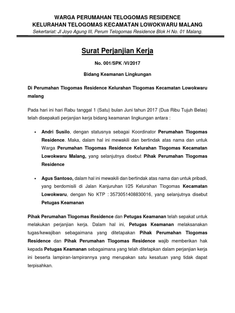 Contoh Surat Perjanjian Kerja Satpam - KibrisPDR