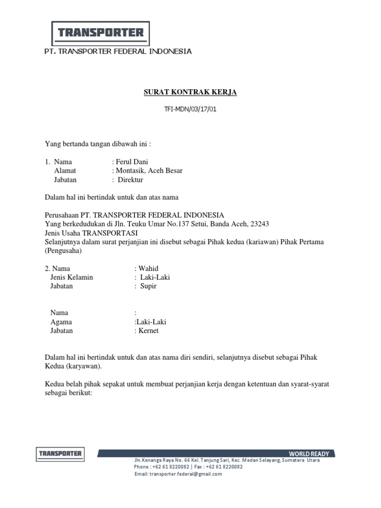 Detail Contoh Surat Perjanjian Kerja Supir Nomer 3