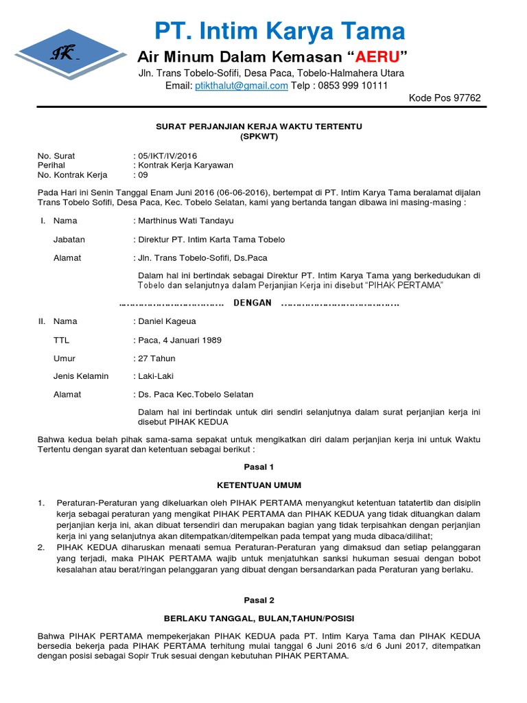 Detail Contoh Surat Perjanjian Kerja Supir Nomer 31