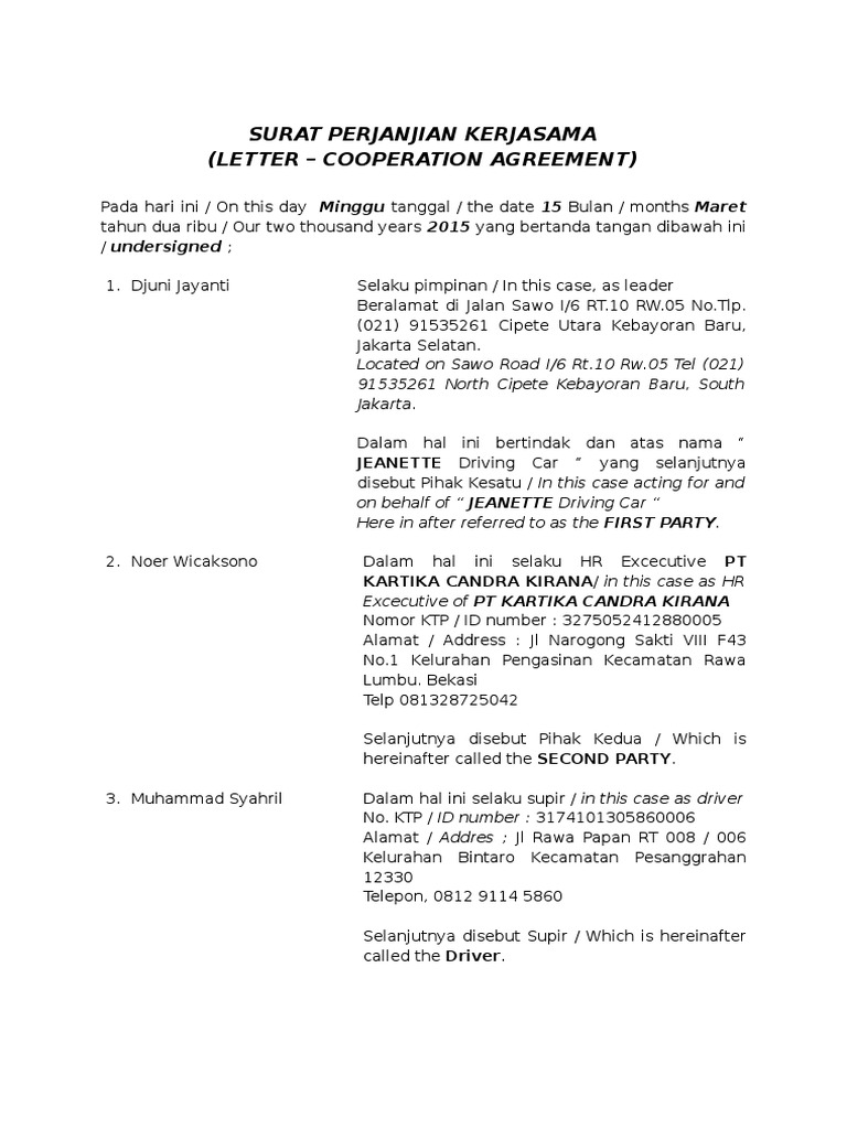 Detail Contoh Surat Perjanjian Kerja Supir Nomer 7
