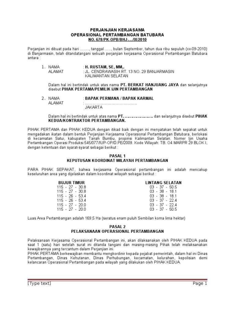 Detail Contoh Surat Perjanjian Kerjasama Jasa Angkutan Batubara Nomer 28