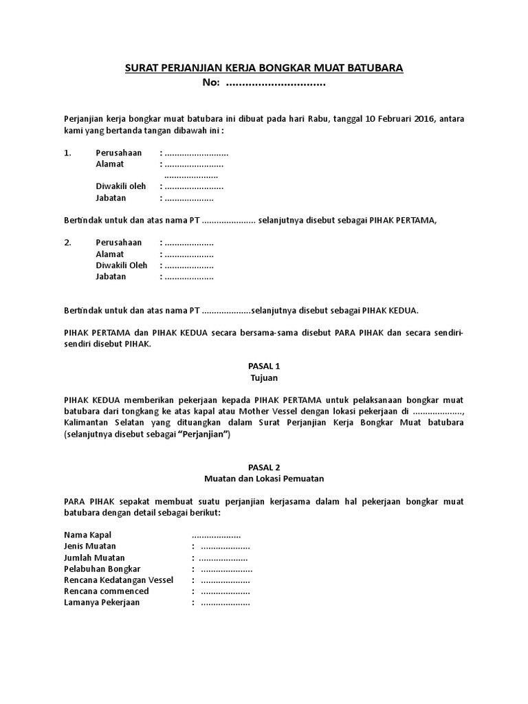 Detail Contoh Surat Perjanjian Kerjasama Jasa Angkutan Batubara Nomer 4