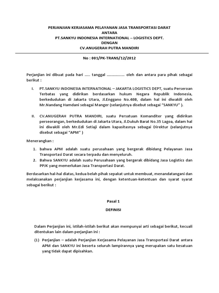 Detail Contoh Surat Perjanjian Kerjasama Jasa Angkutan Batubara Nomer 10