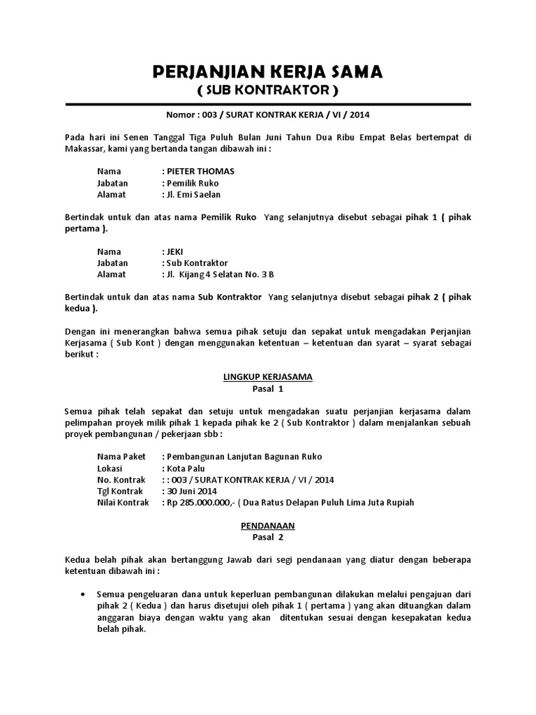 Detail Contoh Surat Perjanjian Kerjasama Pendanaan Proyek Nomer 7