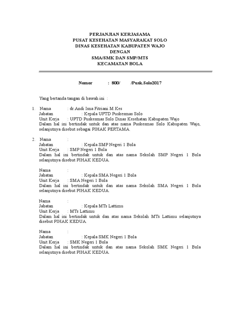 Detail Contoh Surat Perjanjian Kerjasama Sekolah Dengan Puskesmas Nomer 22