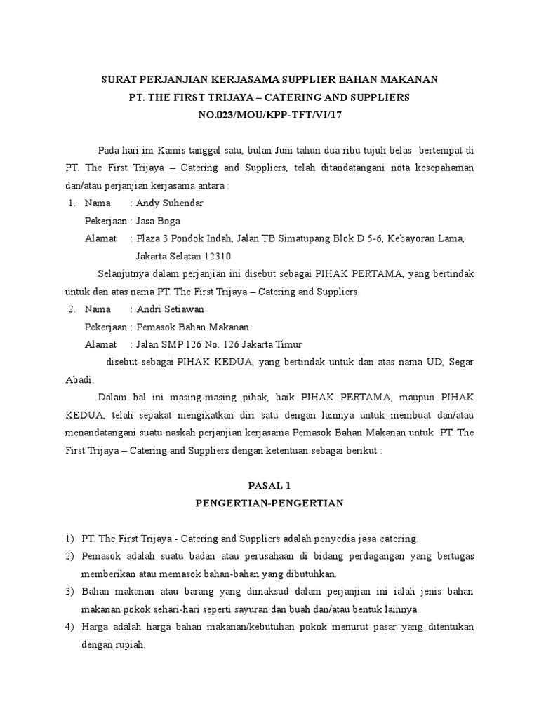 Detail Contoh Surat Perjanjian Kerjasama Supplier Doc Nomer 8