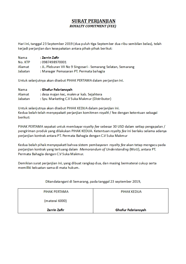 Detail Contoh Surat Perjanjian Komitmen Fee Nomer 10