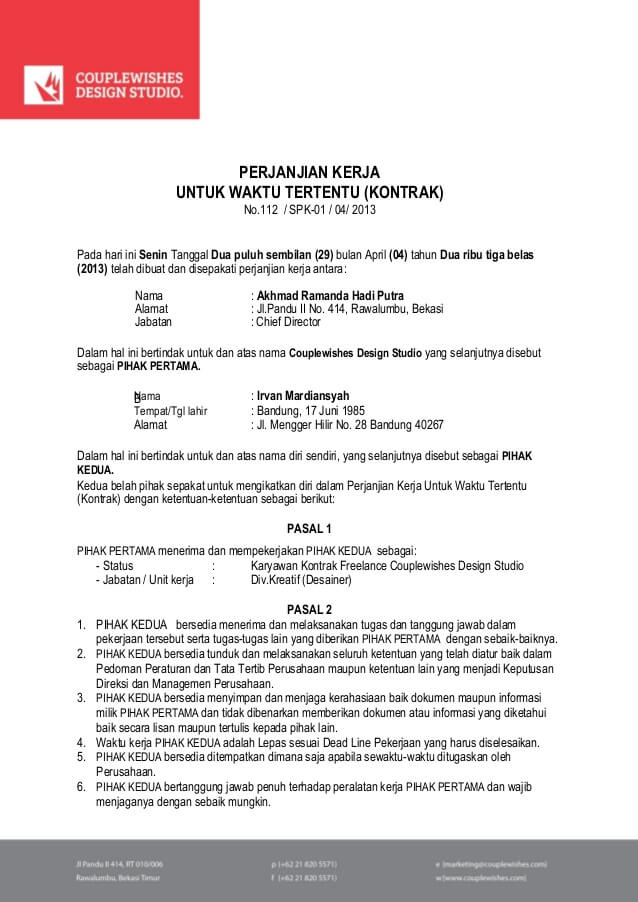 Detail Contoh Surat Perjanjian Kontrak Kerja Karyawan Swasta Nomer 31
