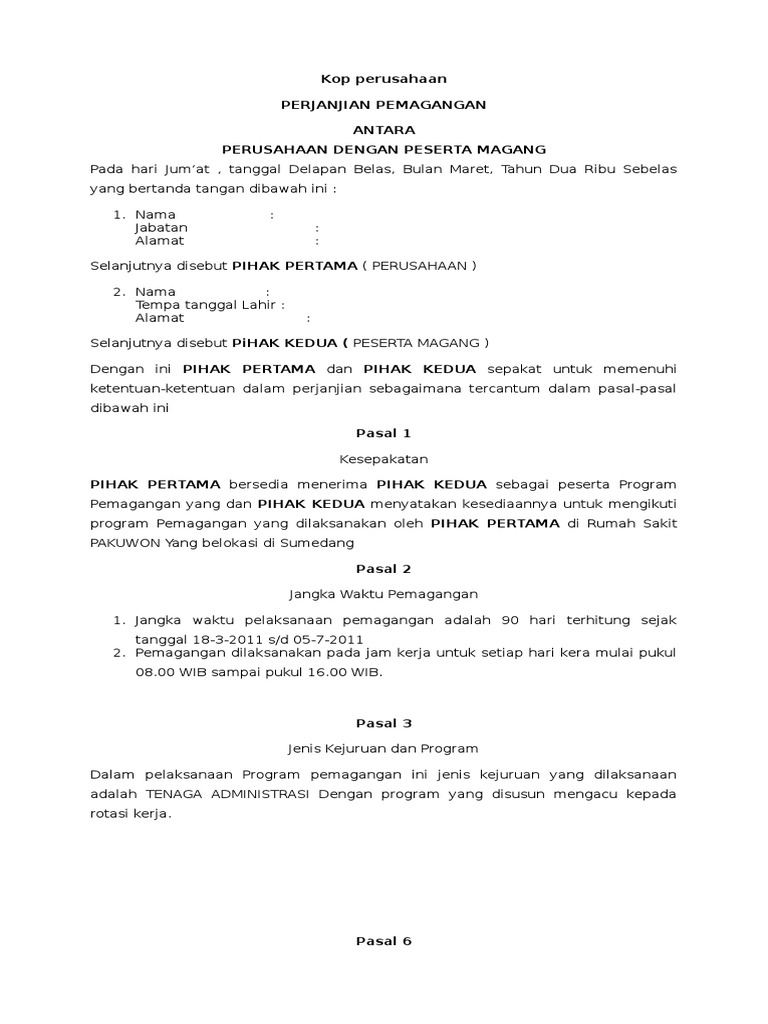 Detail Contoh Surat Perjanjian Kontrak Kerja Magang Nomer 3