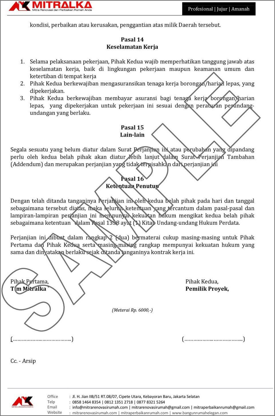 Detail Contoh Surat Perjanjian Kontrak Kerja Proyek Nomer 56