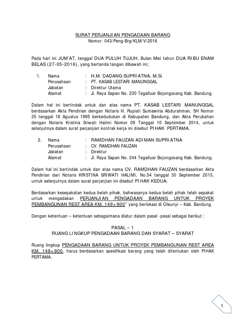 Detail Contoh Surat Perjanjian Kontrak Pengadaan Barang Dan Jasa Nomer 3