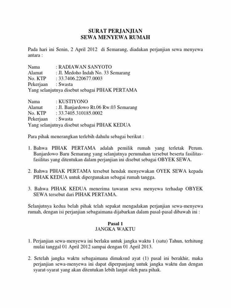 Detail Contoh Surat Perjanjian Kontrak Rumah Nomer 25