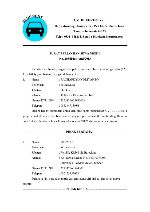 Detail Contoh Surat Perjanjian Kontrak Sewa Mobil Nomer 8