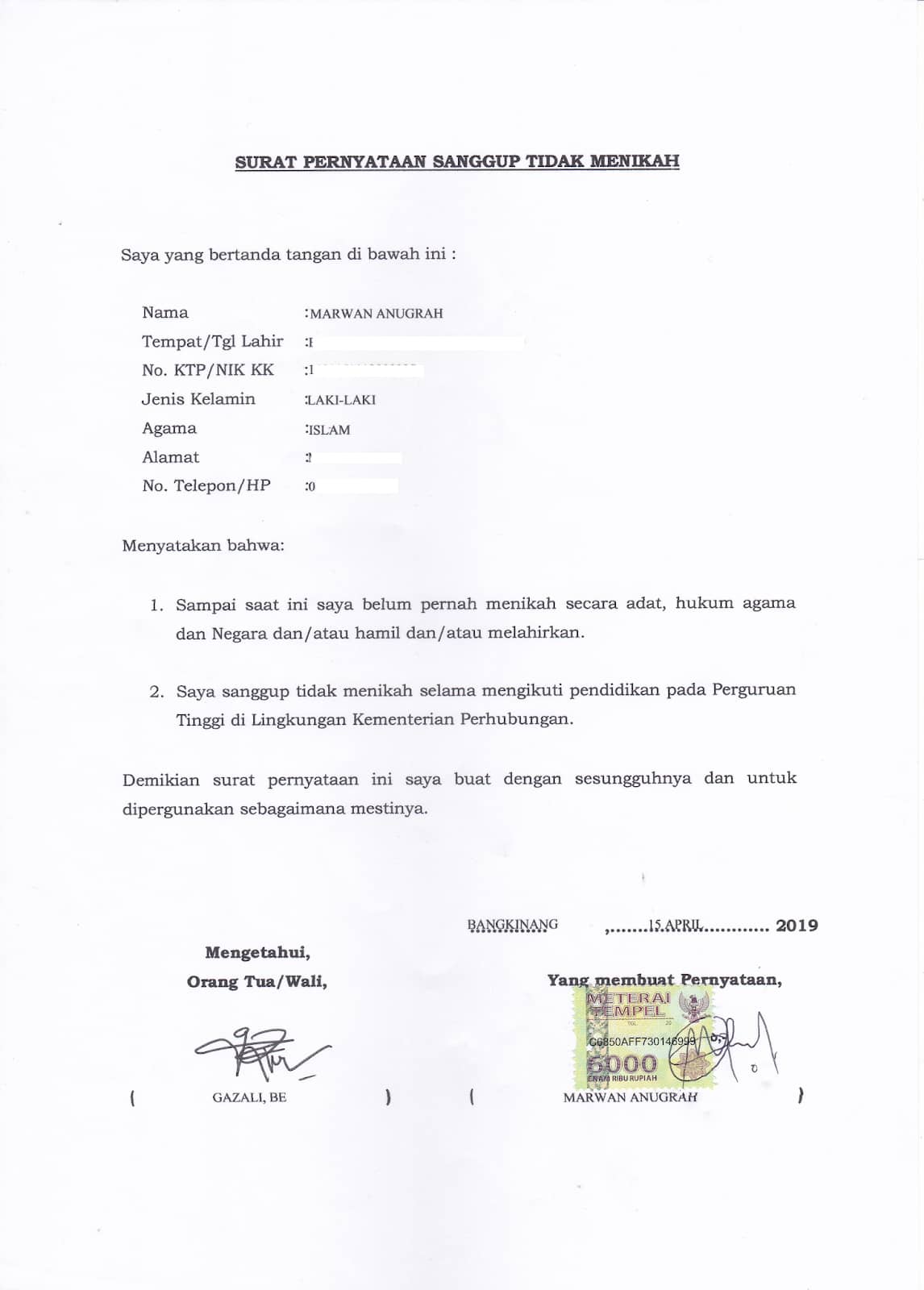 Detail Contoh Surat Perjanjian Nikah Bermaterai Nomer 15