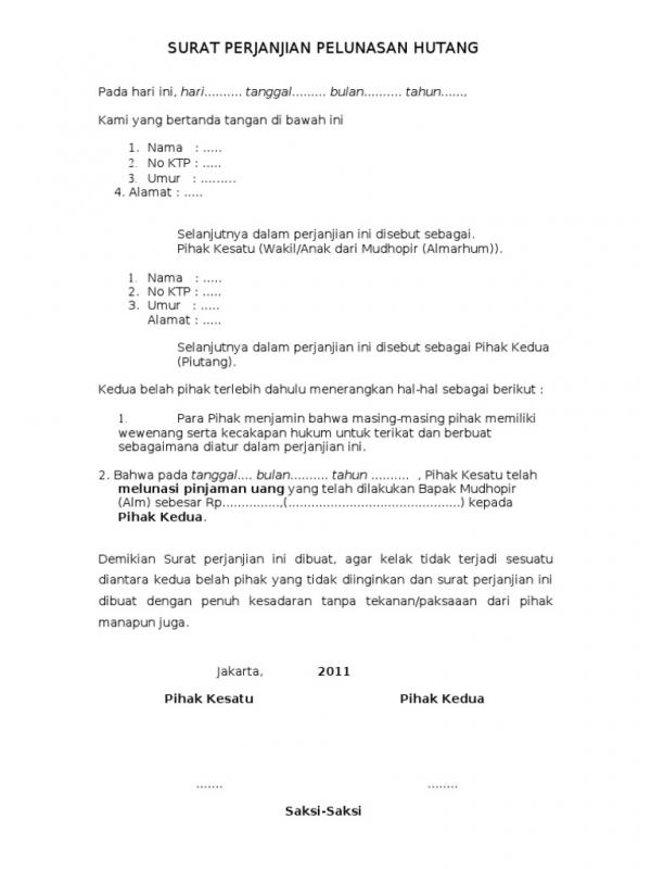 Contoh Surat Perjanjian Pelunasan Hutang Dengan Jaminan - KibrisPDR