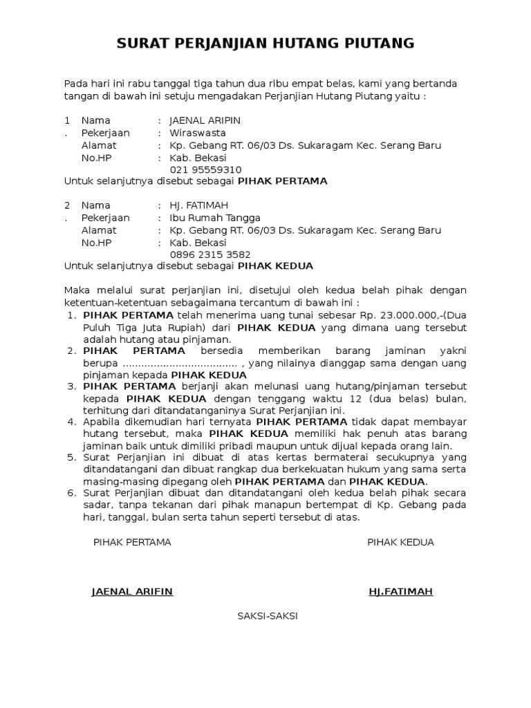 Detail Contoh Surat Perjanjian Pelunasan Hutang Dengan Jaminan Nomer 22