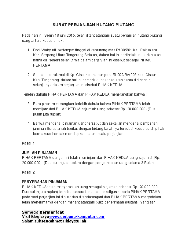 Detail Contoh Surat Perjanjian Pelunasan Hutang Dengan Jaminan Nomer 47