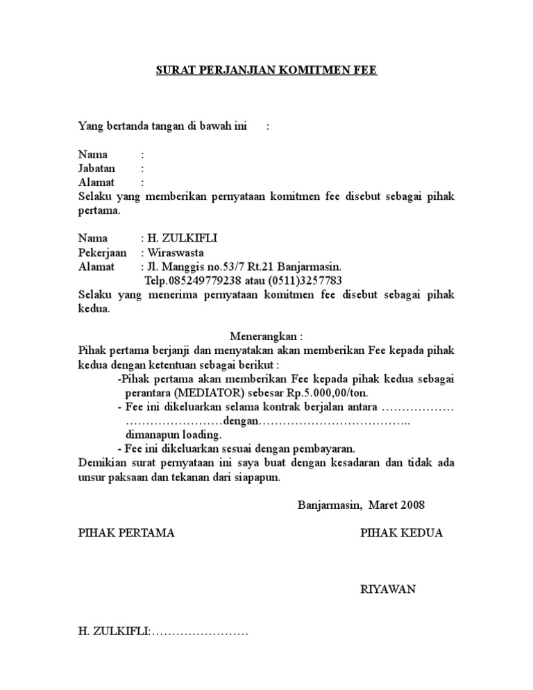 Detail Contoh Surat Perjanjian Pembagian Fee Mediator Nomer 4