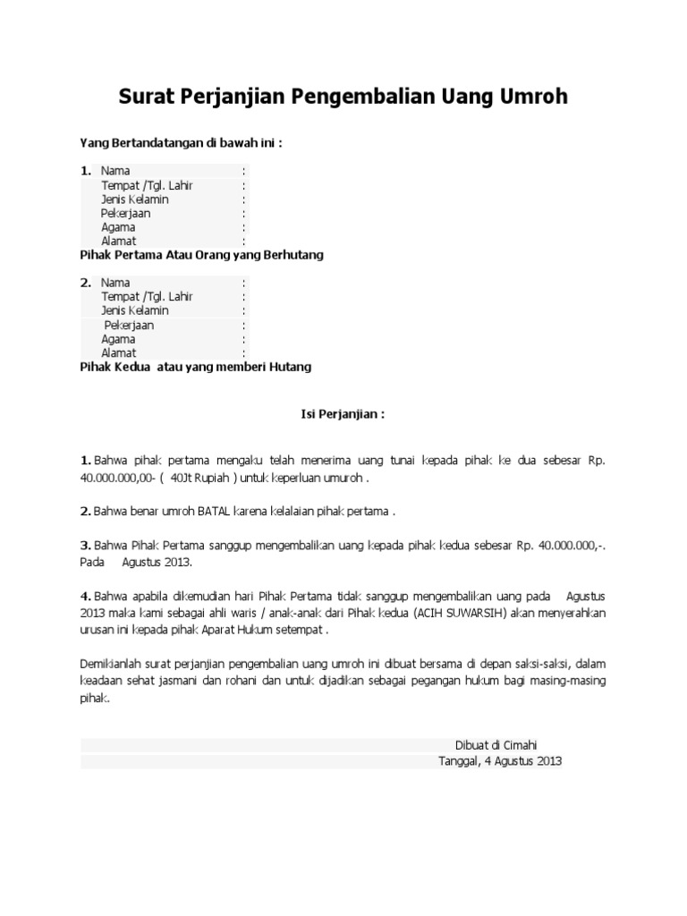 Detail Contoh Surat Perjanjian Pengembalian Uang Nomer 2