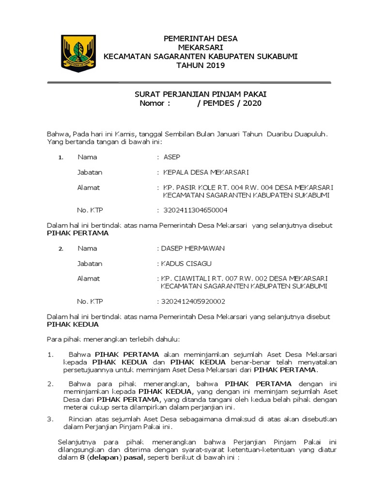 Detail Contoh Surat Perjanjian Pinjam Pakai Barang Milik Daerah Koleksi ...