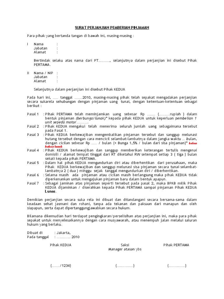 Detail Contoh Surat Perjanjian Pinjaman Uang Nomer 24