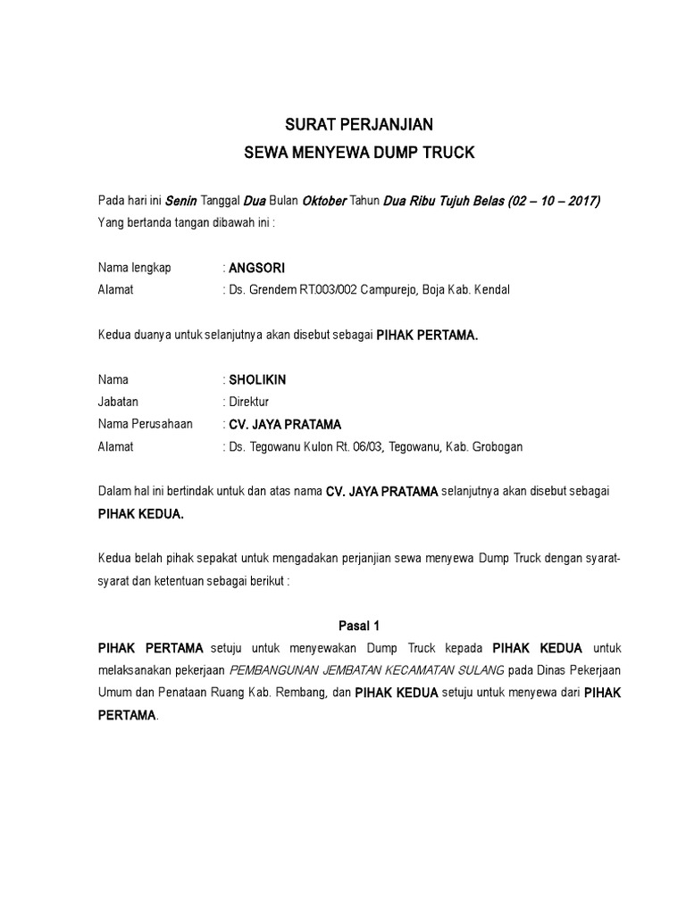 Detail Contoh Surat Perjanjian Sewa Dump Truck Nomer 4