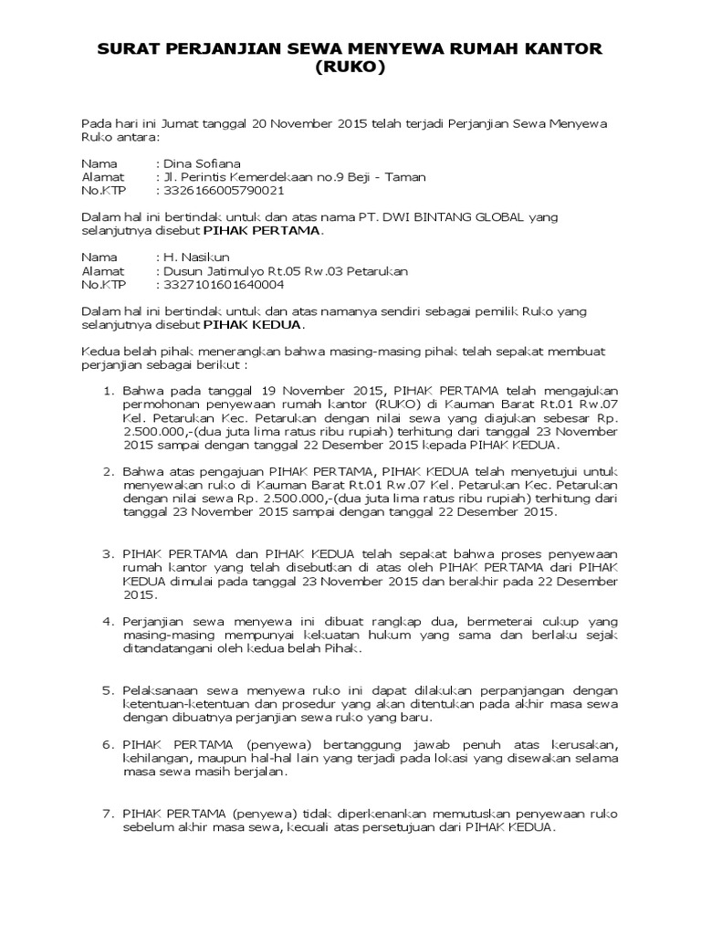 Detail Contoh Surat Perjanjian Sewa Toko Nomer 43