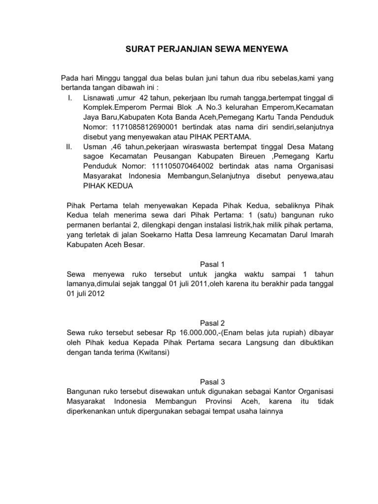 Detail Contoh Surat Perjanjian Sewa Toko Nomer 46
